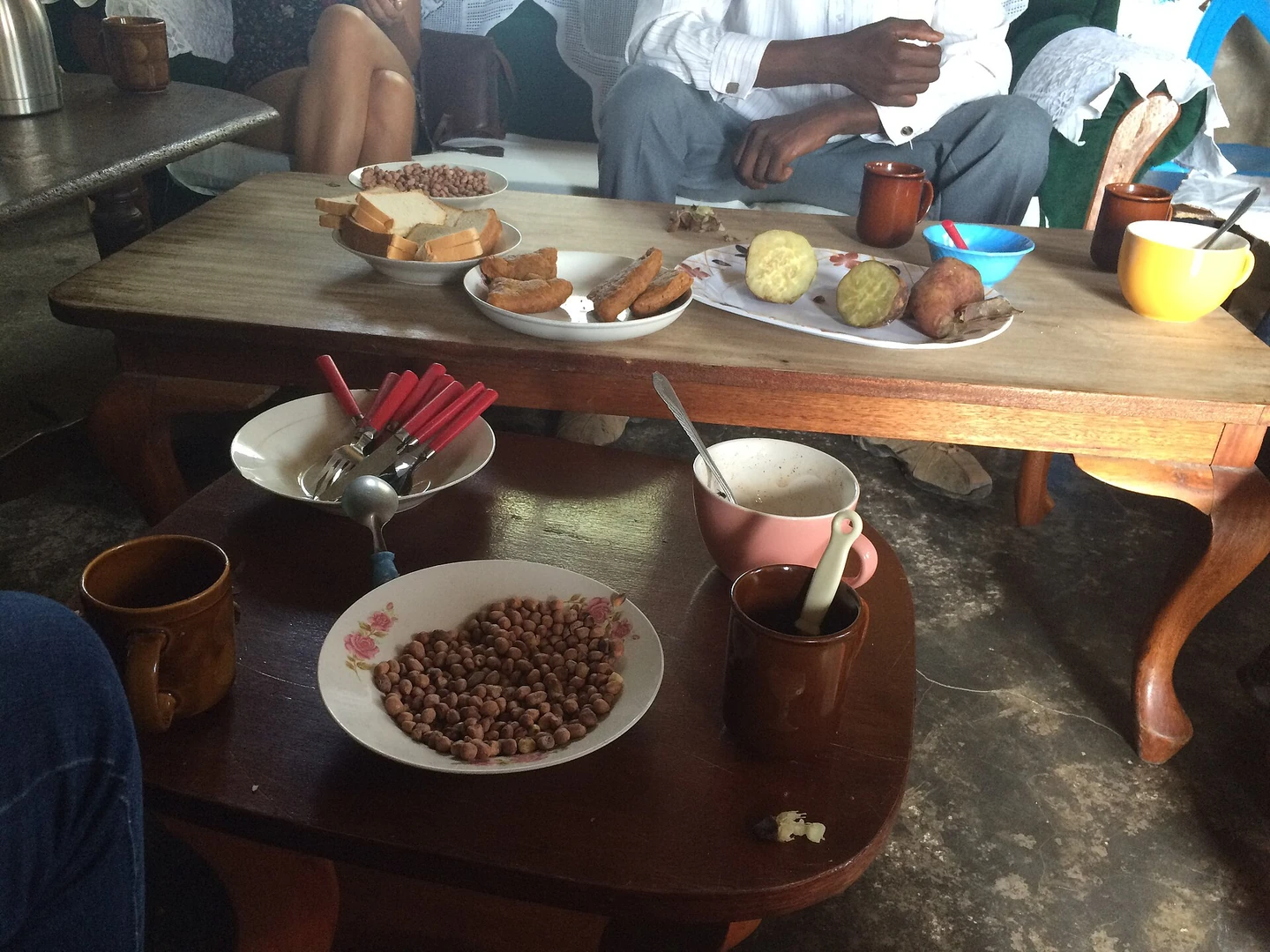 Kenyan breakfast with tea and staple foods